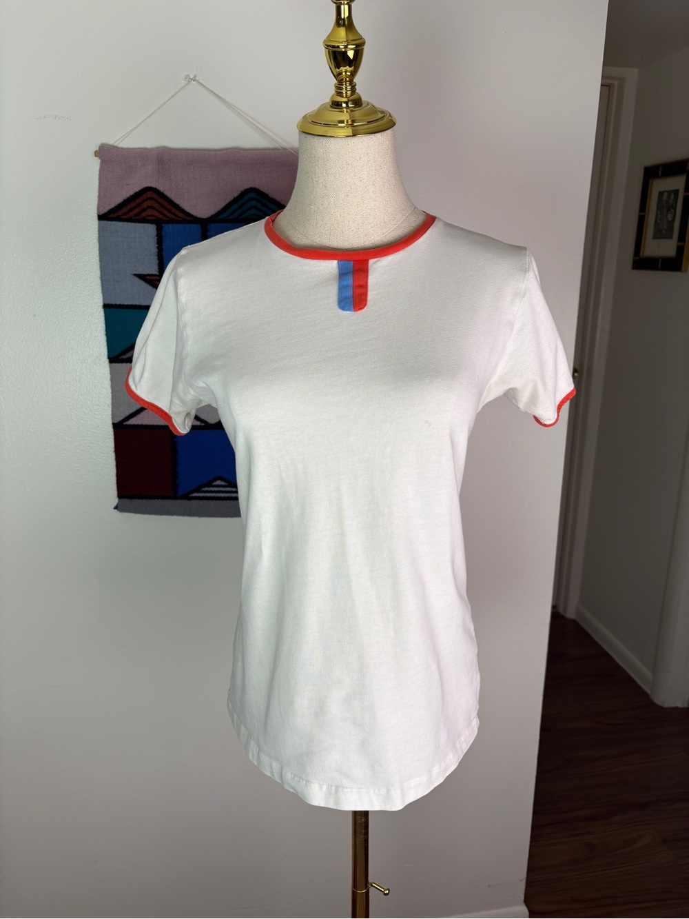 70s White Cotton Ringer Tee with Retro Vibes